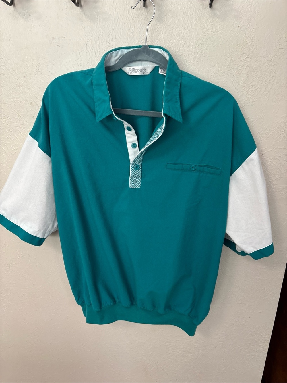 Vintage Teal and White Short-Sleeve Polo Shirt XL